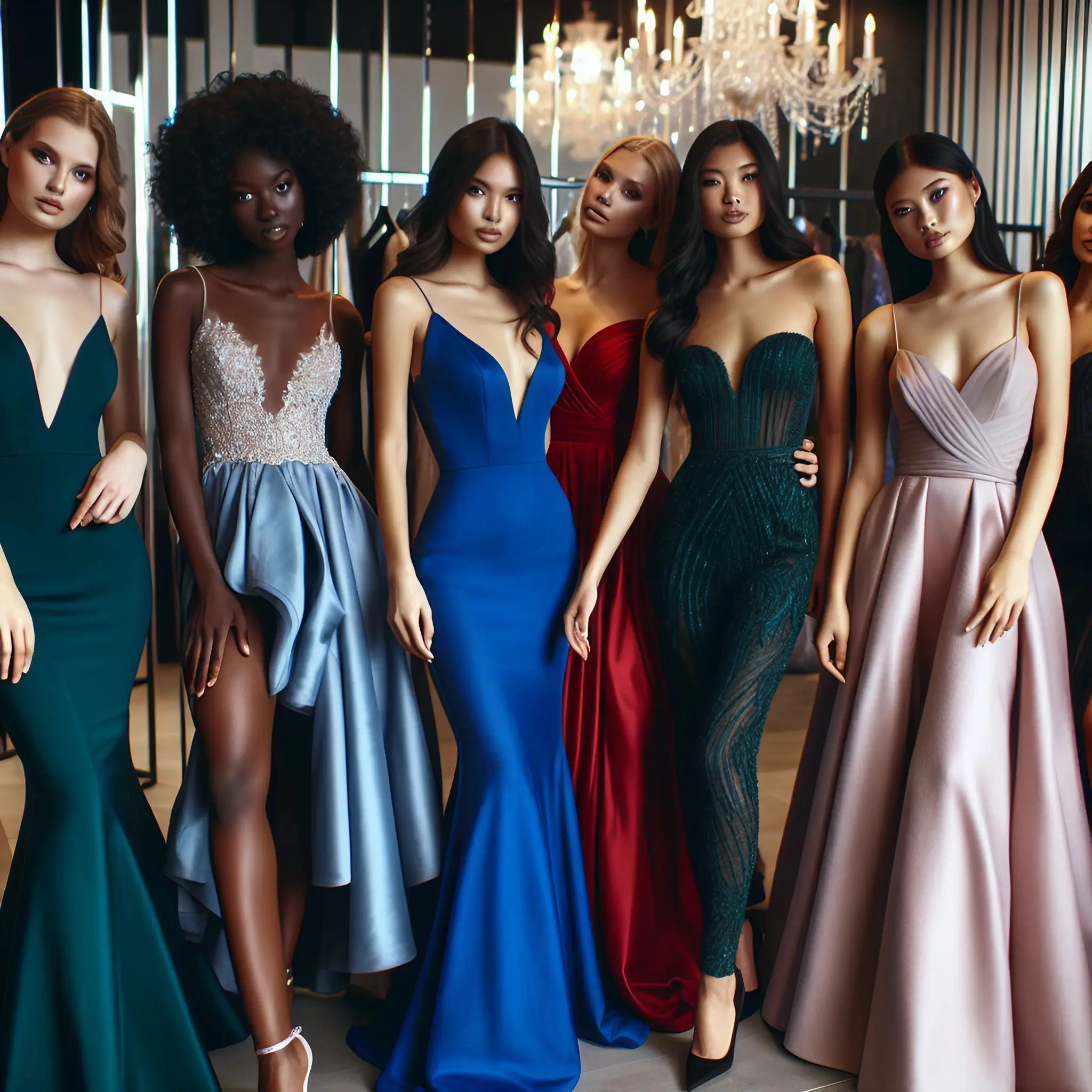 Discover Stunning Prom Dress Styles A fashionably posh panel of female models shows a faultless collection of prom dresses: everything from bright blue and classic red to elegant black dresses. The cuts vary from modern fitted to flowy, modest; the manifold choices that one can make in any UK prom dress shop and beyond.