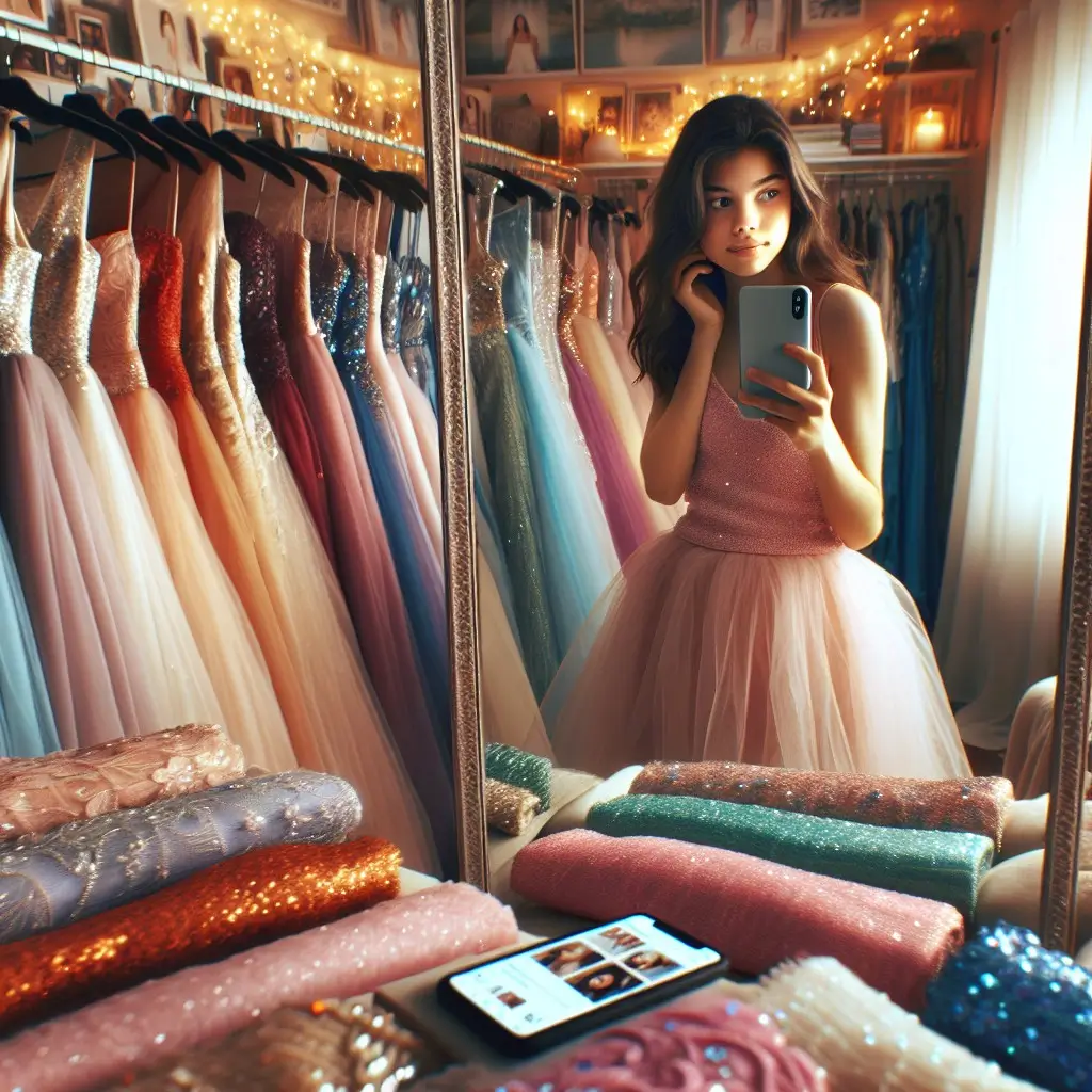 Finding Your Perfect Prom Dress: A Look Inside Prom Dress Shops Near You A young woman in a pink prom dress poses in grace as she gazes at her reflection in a mirror. Around her, rows of delicately arranged prom dresses in shades of blue, black, and red-all elegant in display-decorate the shop. This scene shows some of the variety waiting for them at local prom shops for this prom season.